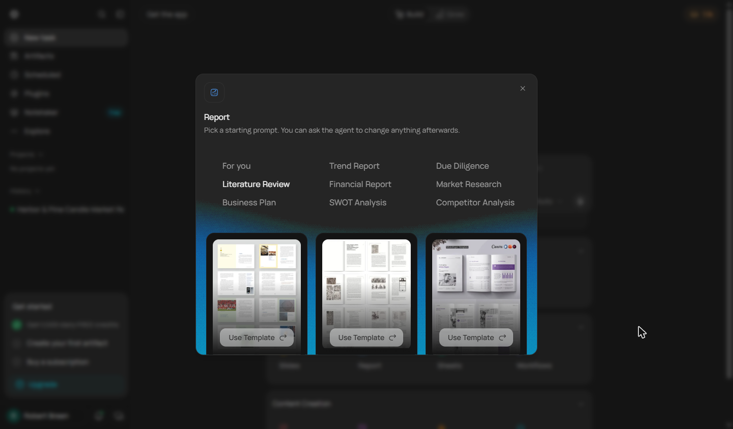 Runable Report dialog with starting prompts such as Business Plan, Market Research and Competitor Analysis