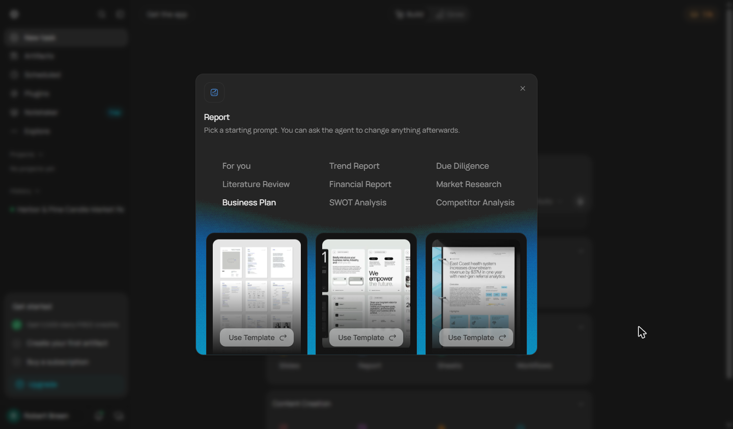 Runable Business Plan templates, each with a Use Template button