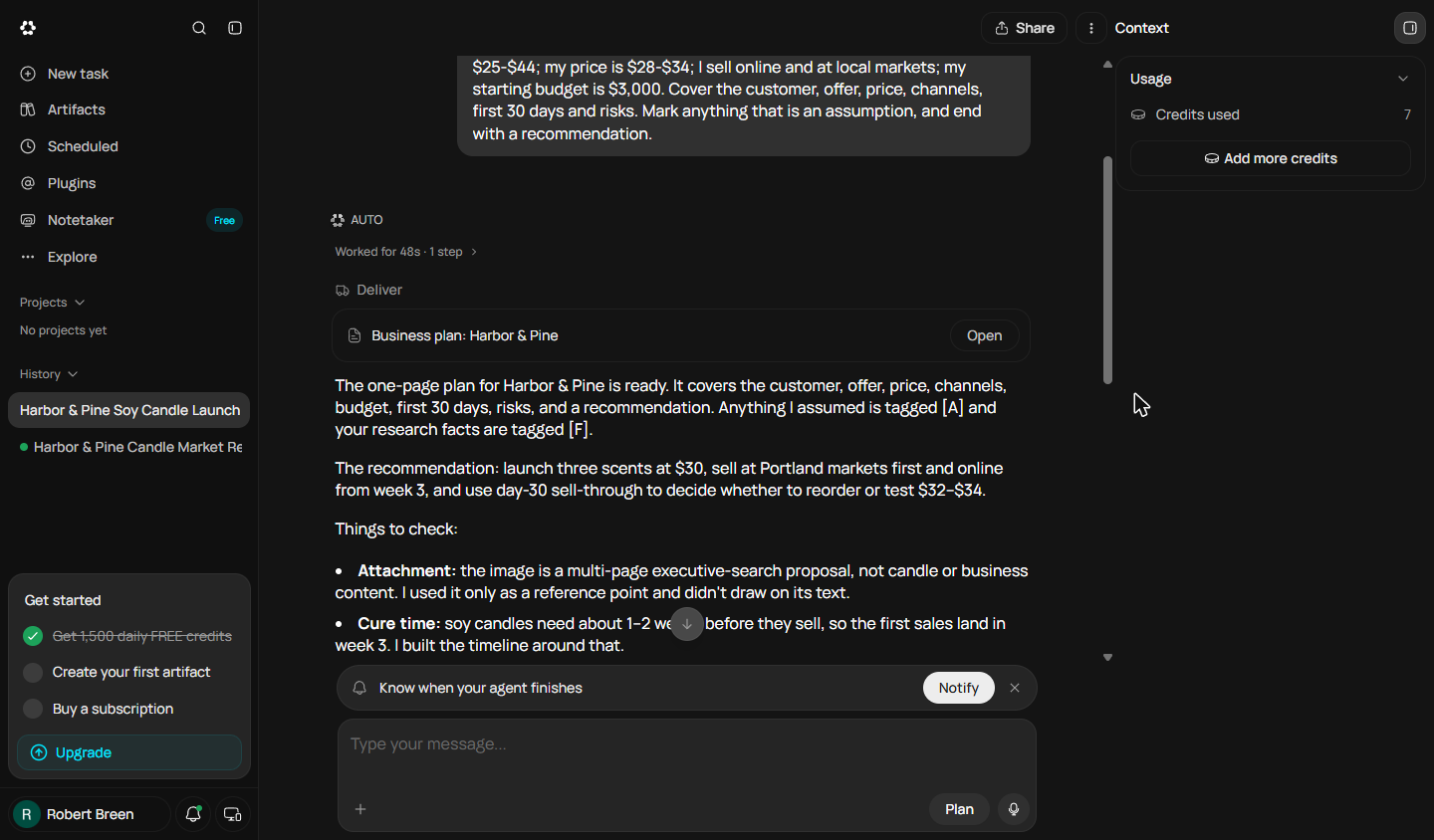 Runable reply: the one-page plan is ready, assumptions tagged [A] and research facts tagged [F]