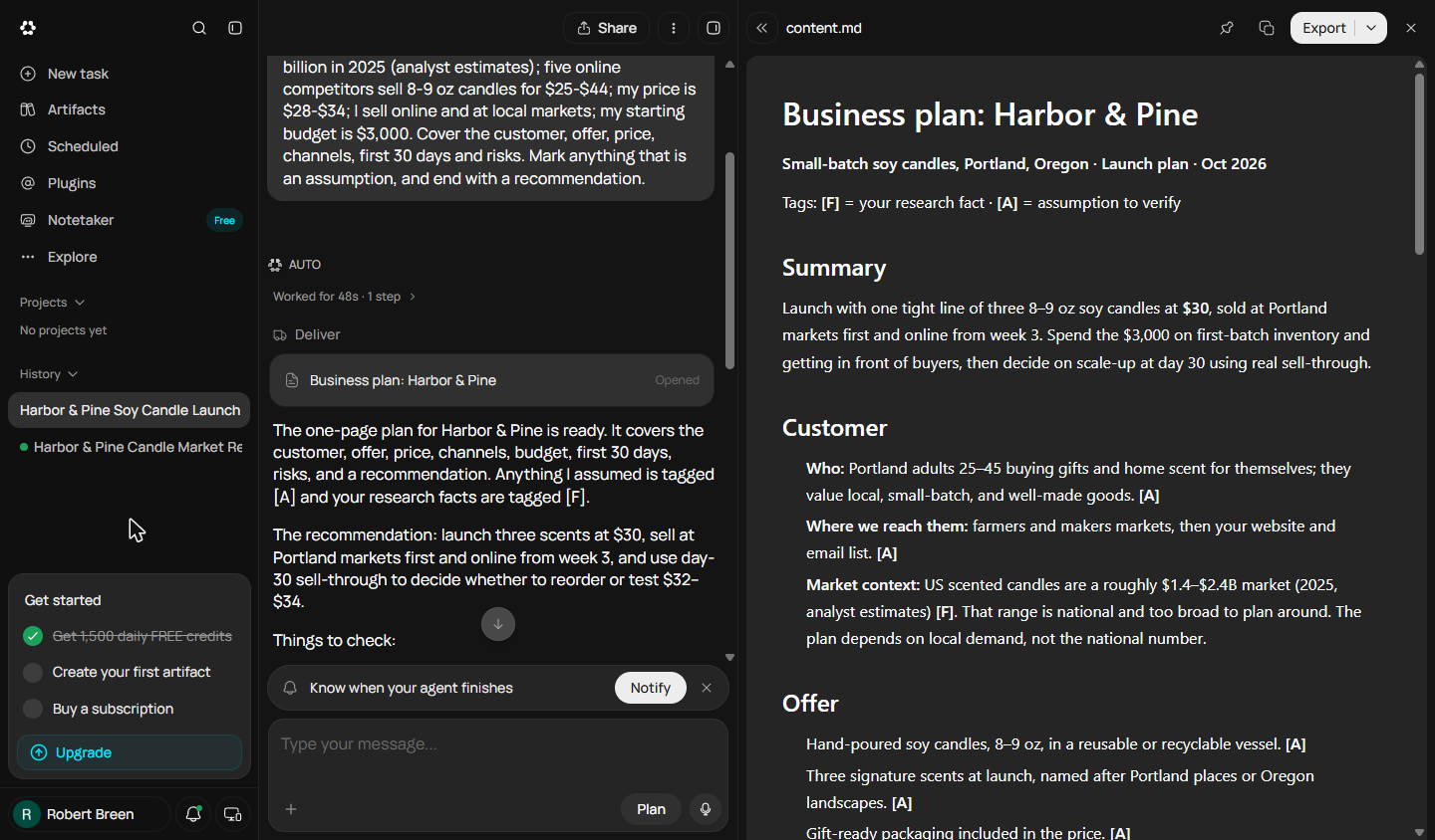 Business plan: Harbor & Pine open in Runable, with the [F] and [A] tag legend and the summary