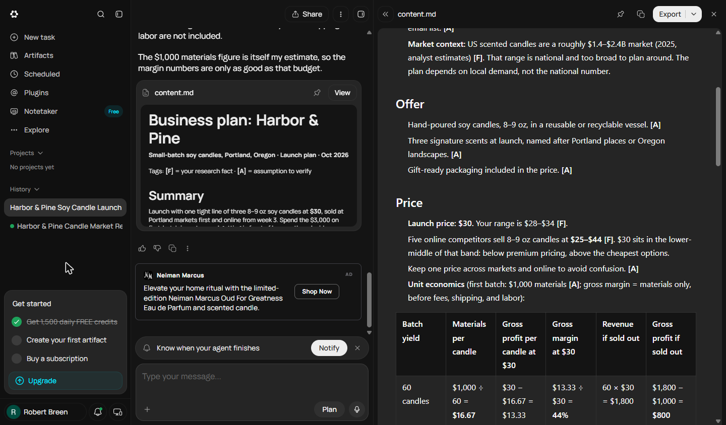 Fixed Runable plan with a unit economics table: $16.67 materials per candle and a 44% gross margin at $30