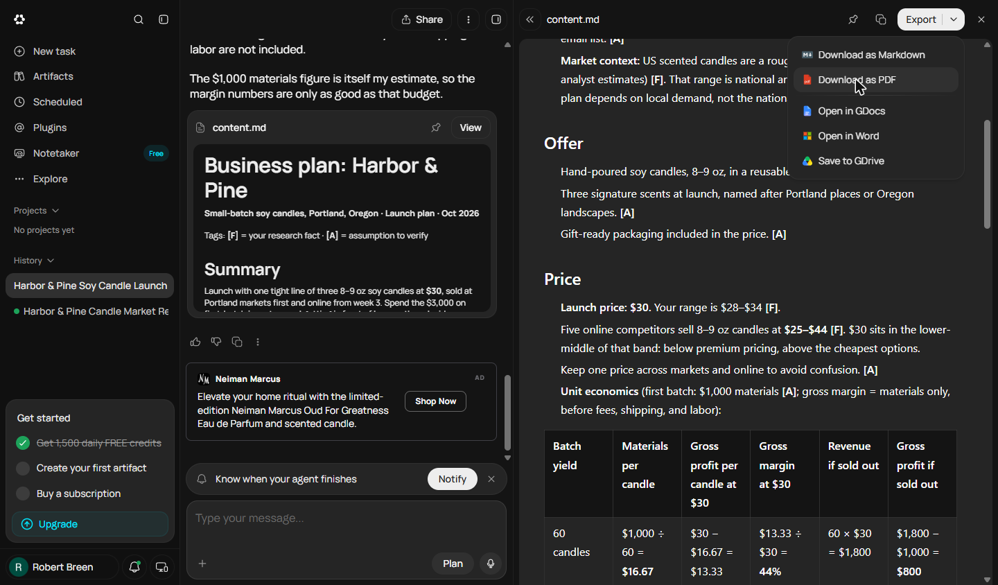 Runable Export menu for the business plan with download and Open in Word options