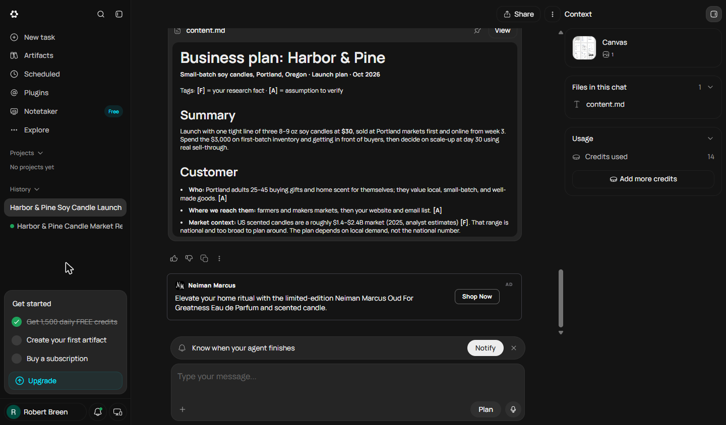 Runable Context panel showing 14 credits used for the business plan and its fix