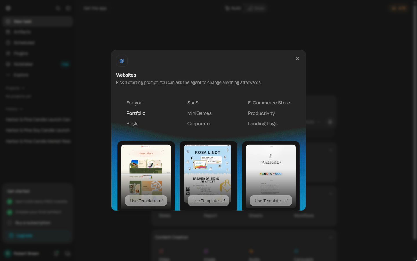 Runable Websites dialog with starting prompts: SaaS, E-Commerce Store, Portfolio, Blogs, Corporate, Landing Page and more