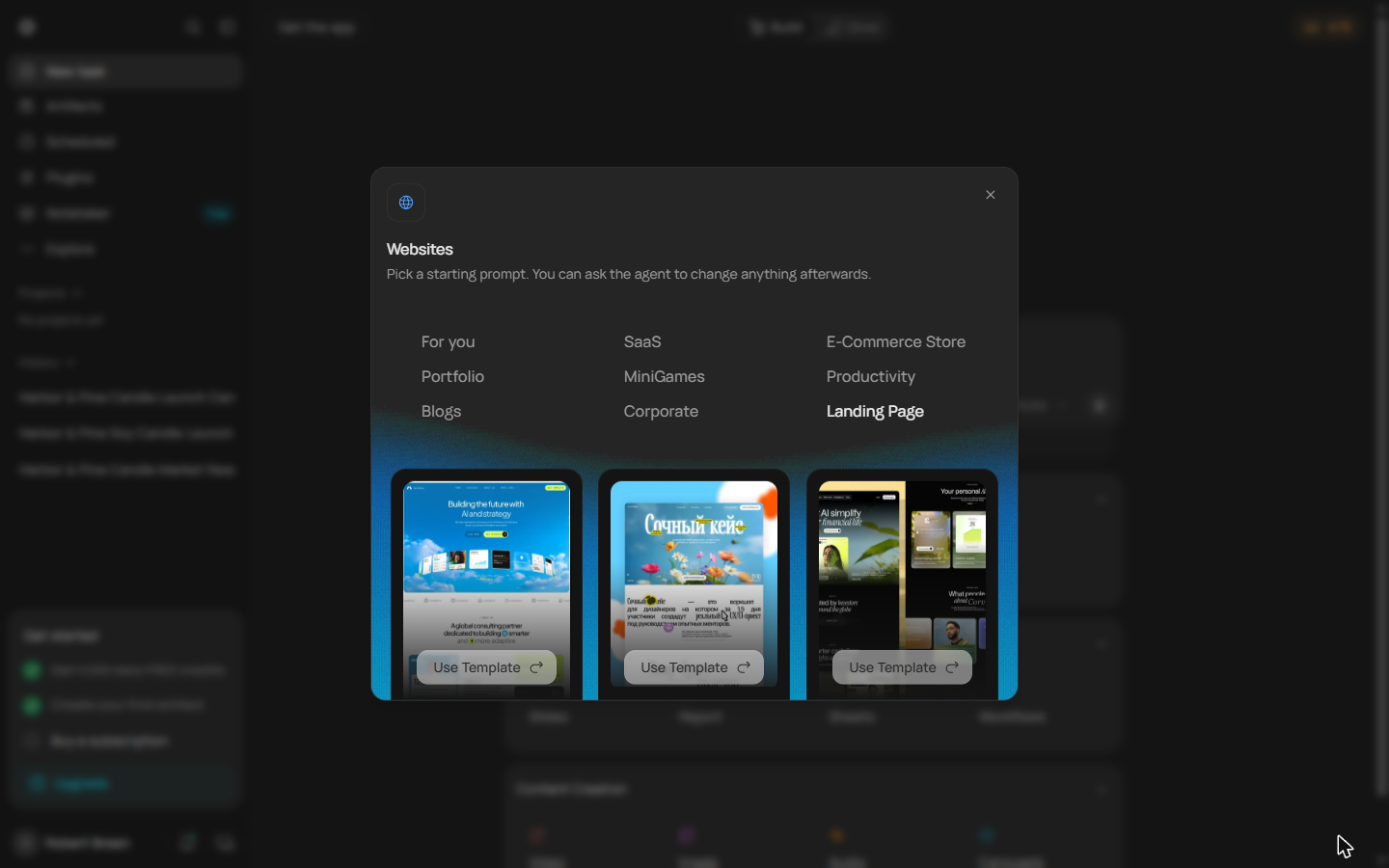 Runable Landing Page templates, each with a Use Template button