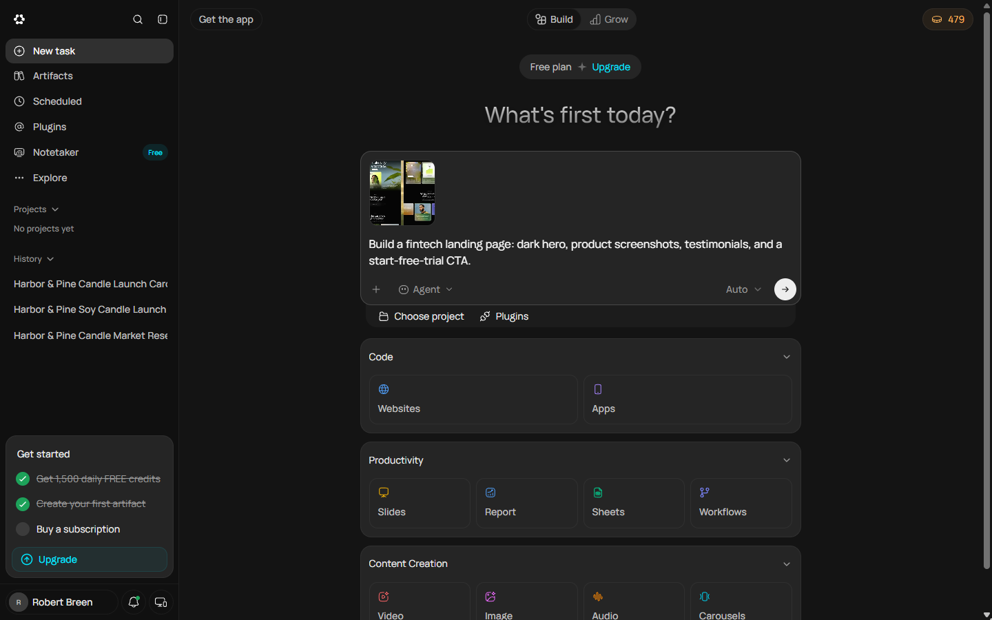 Landing Page template attached in the Runable prompt box with its sample prompt about a fintech landing page