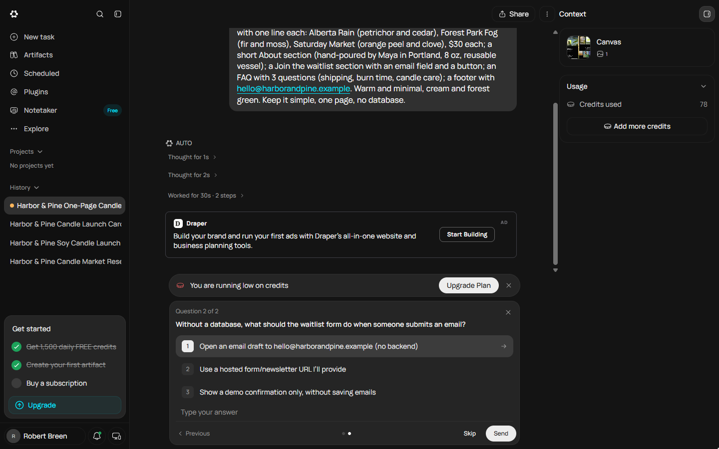 Answer 1 selected: open an email draft to hello@harborandpine.example, no backend, with the Send button enabled