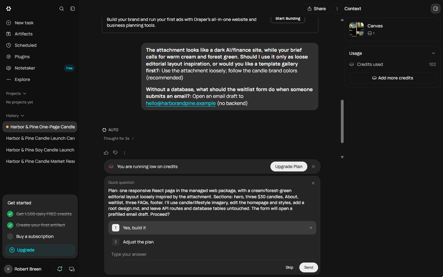 Yes, build it selected on Runable's plan card with the Send button enabled
