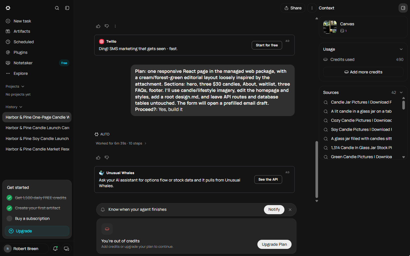 Runable chat after the build stopped: worked for 6m 39s, 10 steps, 490 credits used, You're out of credits card