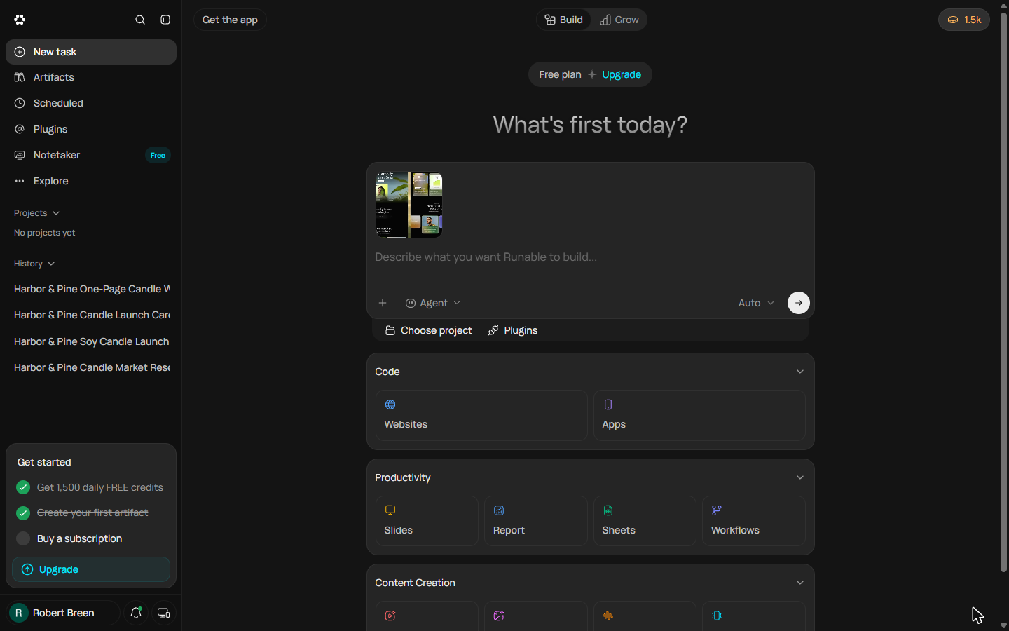 Runable home screen on a fresh day with the credits pill at 1.5k and the Harbor & Pine website chat in History