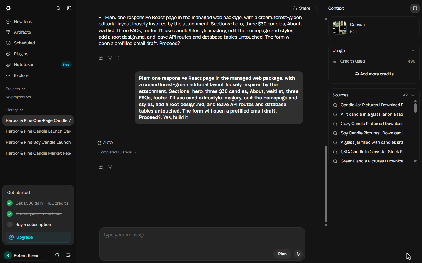 The Harbor & Pine website chat reopened in Runable: the approved plan, Completed 10 steps and 490 credits used