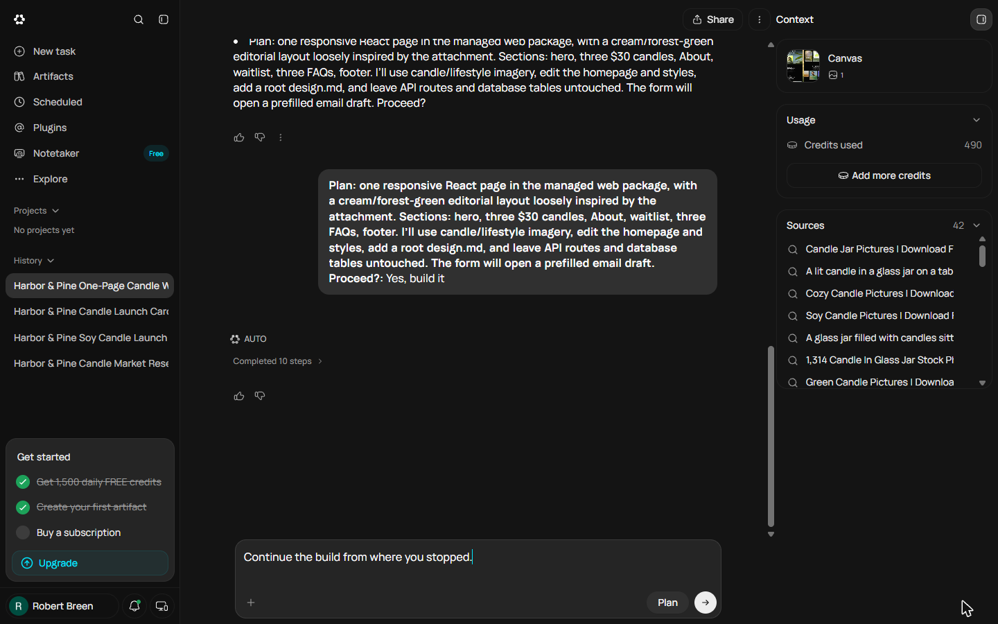 Continue the build from where you stopped typed in the Runable message box