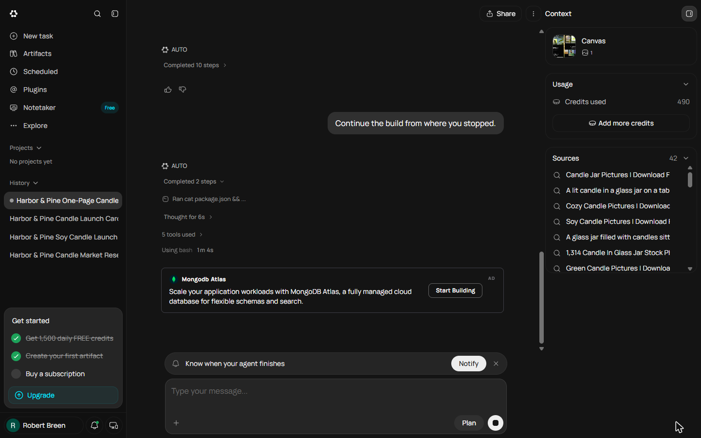 Runable continuing the website build: Ran cat package.json, Using bash, with an advert card in the chat