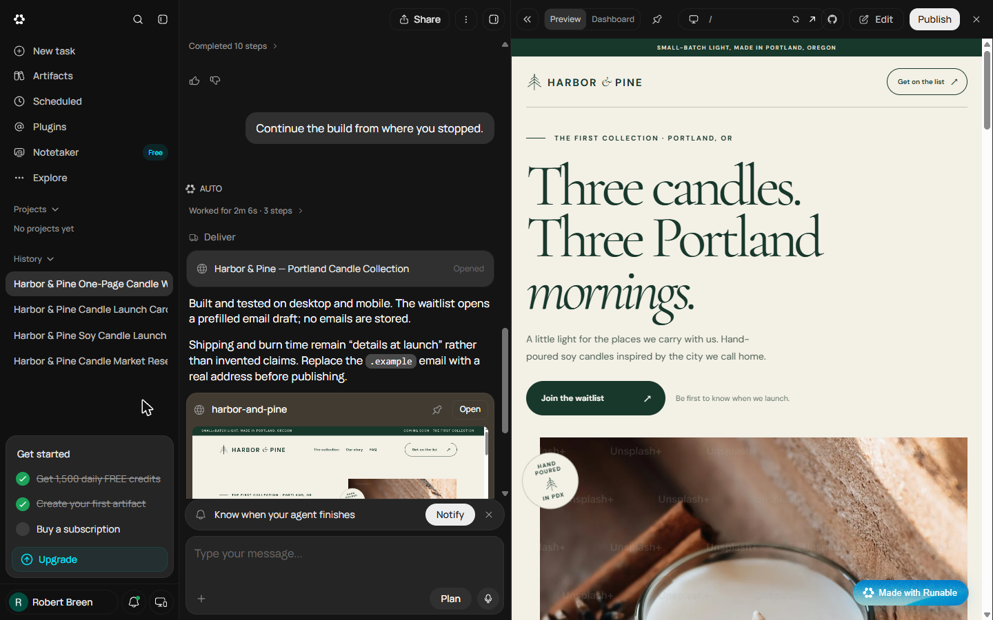 Harbor & Pine site in the Runable preview pane with faint Unsplash+ watermarks across the hero candle photo