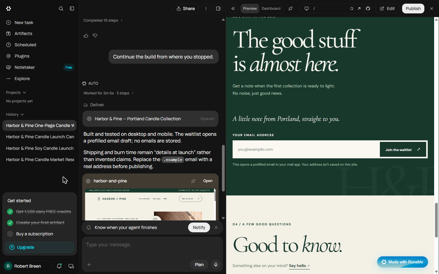 Harbor & Pine waitlist section in the Runable preview: email field, Join the waitlist button, opens a prefilled email