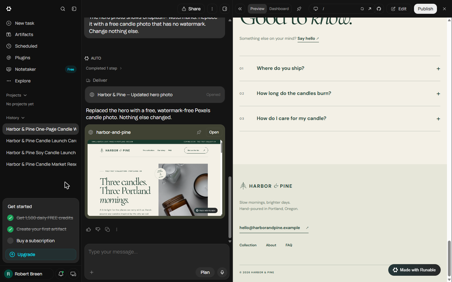 Harbor & Pine footer in the Runable preview still showing hello@harborandpine.example, with the Publish button at the top