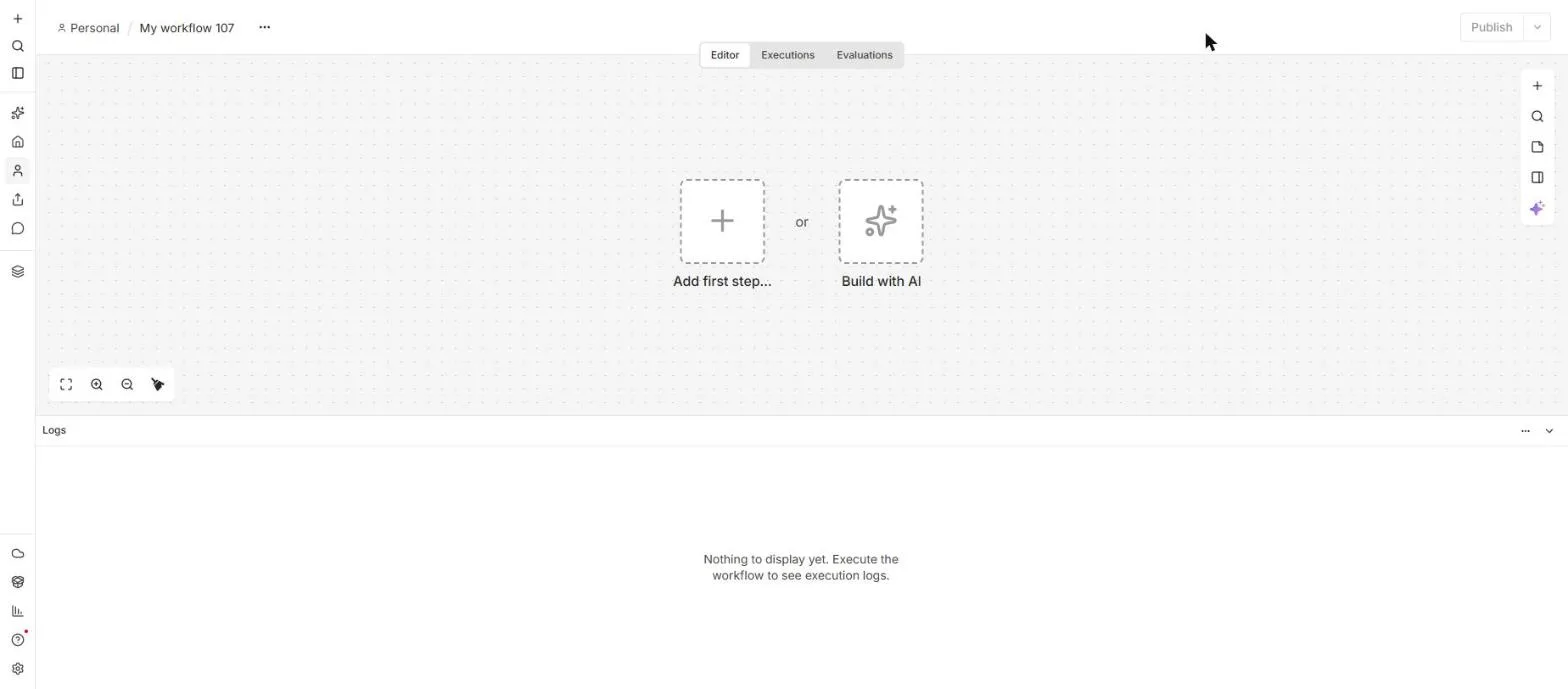 A new, empty n8n workflow with Add first step and Build with AI on the canvas