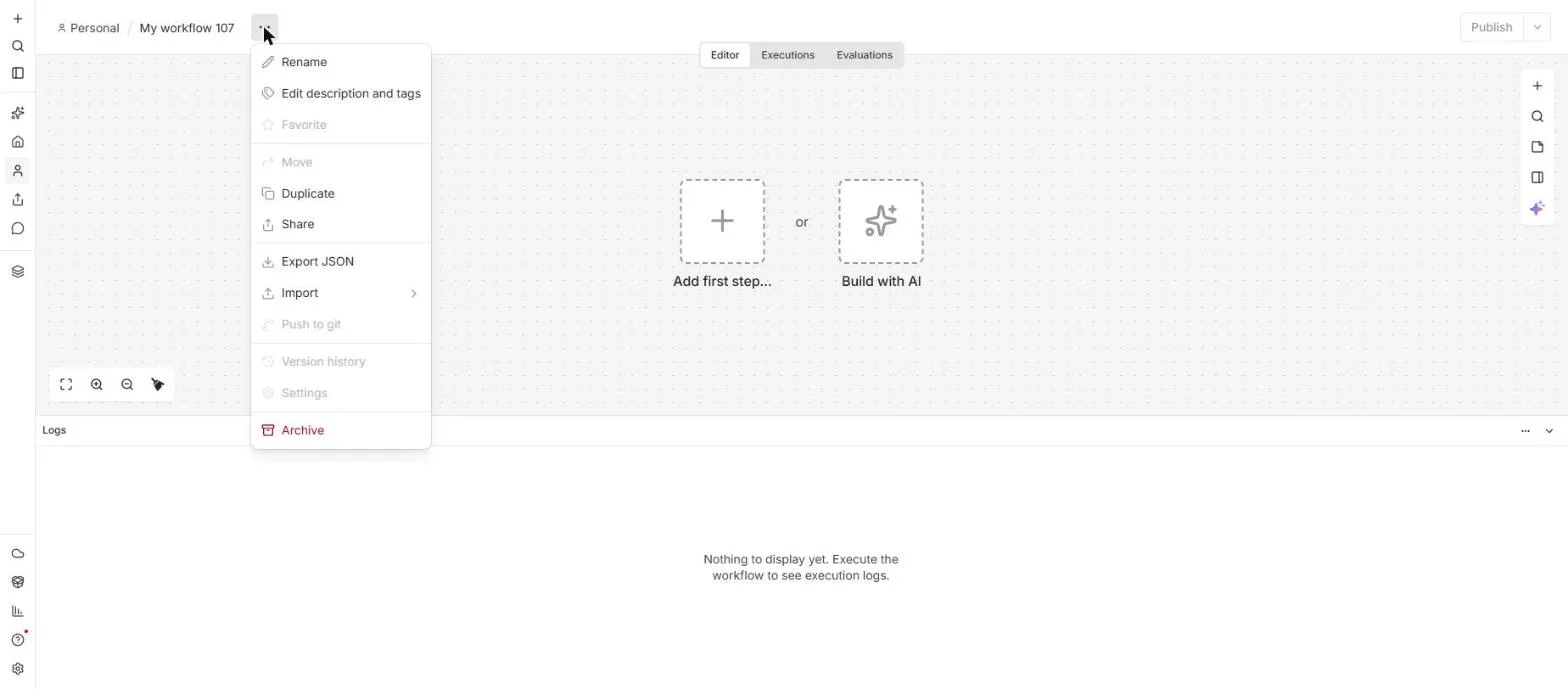 The n8n workflow ··· menu open, with Rename, Duplicate, Export JSON, Import, Settings and Archive