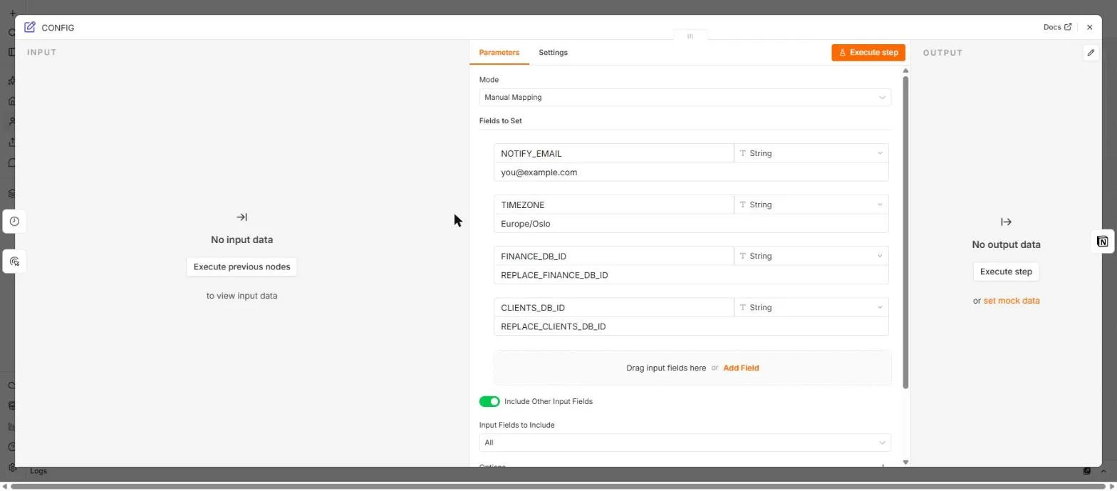The W2 CONFIG node in n8n with NOTIFY_EMAIL, TIMEZONE, FINANCE_DB_ID and CLIENTS_DB_ID placeholders