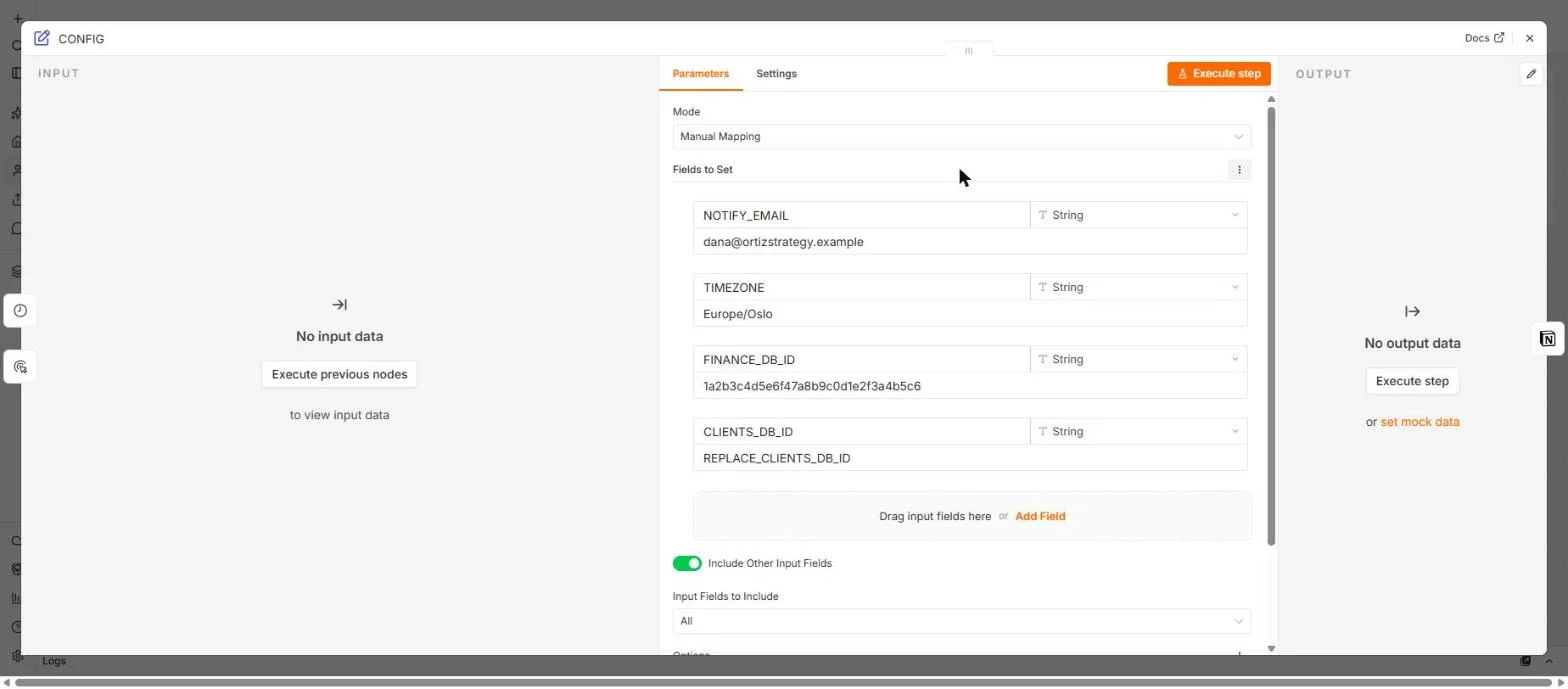 The W2 CONFIG node with a made-up notify email and Finance database ID filled in