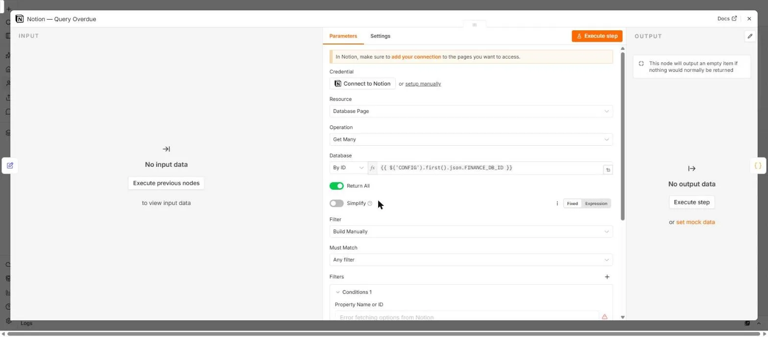 The Notion Query Overdue node in n8n with Connect to Notion or setup manually, Database Page, Get Many and the CONFIG database ID