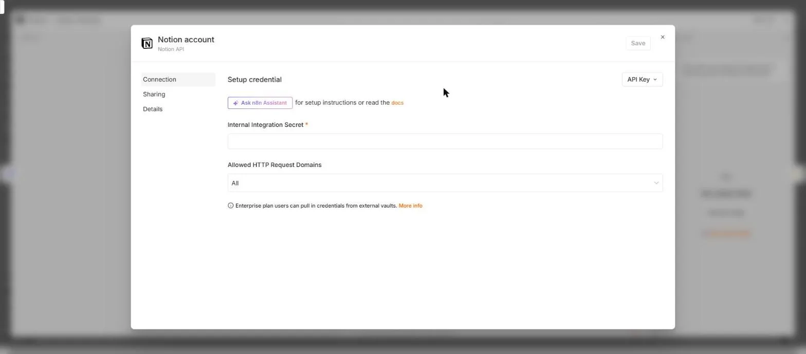 The n8n Notion account credential form with API Key selected and an empty Internal Integration Secret field