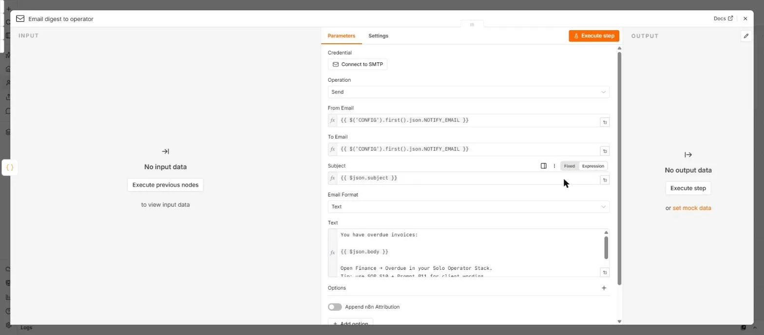 The W2 Email digest to operator node in n8n with Connect to SMTP, From and To from CONFIG and the digest text