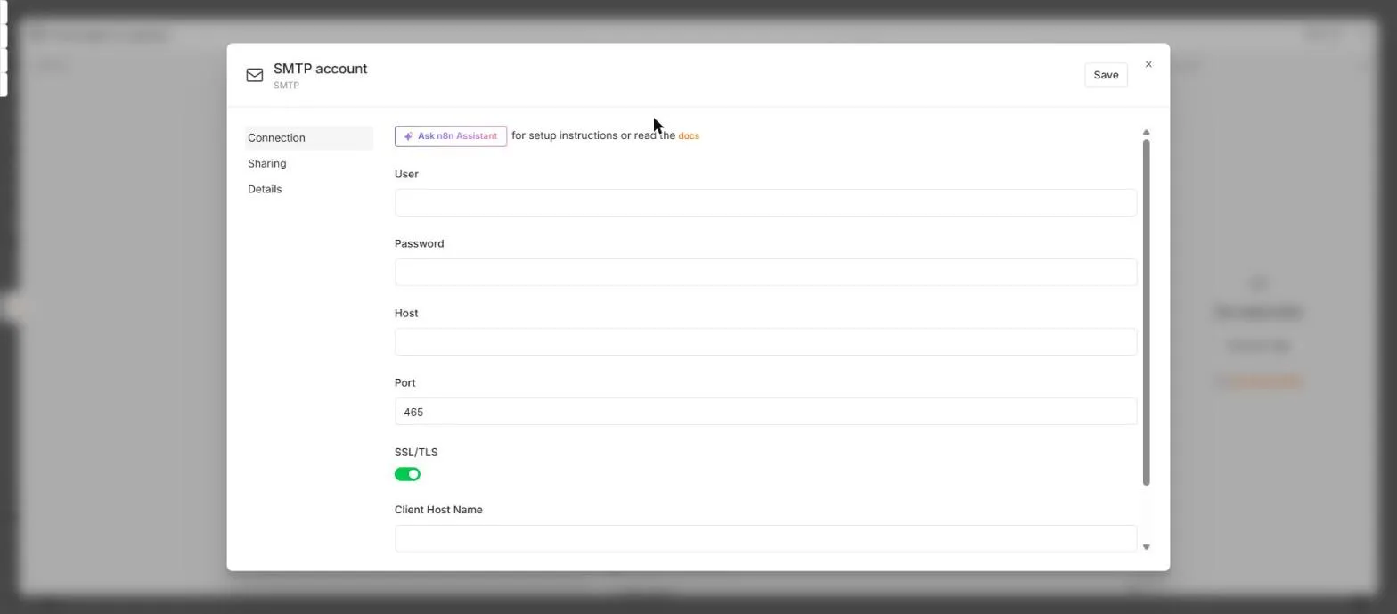 The n8n SMTP account credential form with User, Password, Host, Port 465 and SSL/TLS on