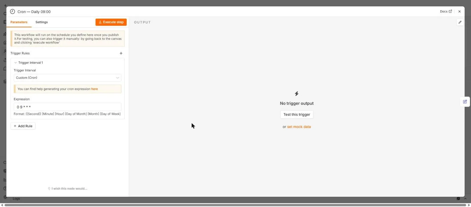 The W2 Cron Daily 09:00 trigger in n8n with a Custom (Cron) expression of 0 9 * * *
