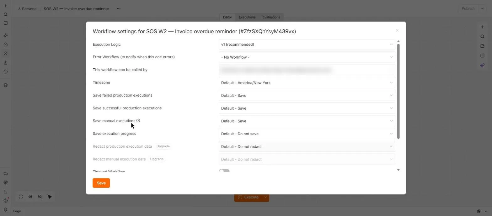 n8n workflow settings for the imported W2 workflow with Timezone set to Default - America/New York