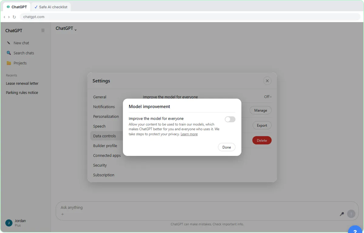ChatGPT Settings, Data controls, with the Model improvement window and Improve the model for everyone switched off