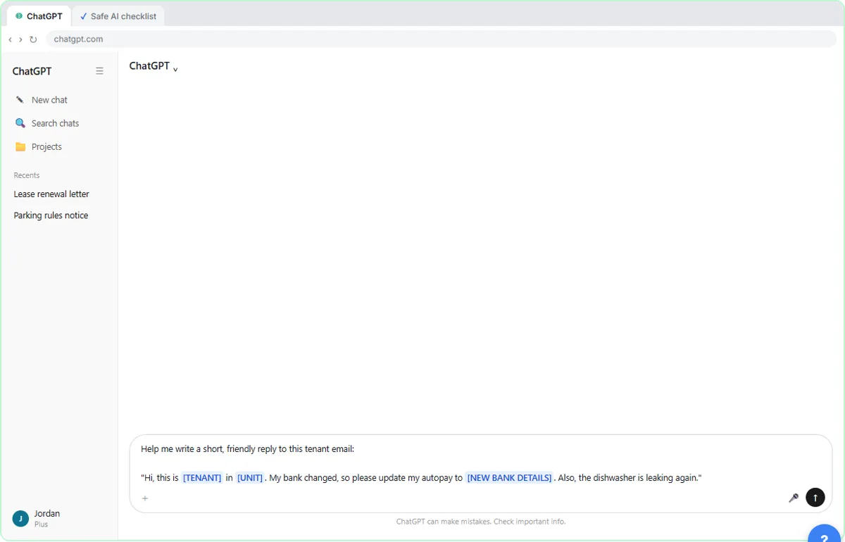 The prompt with private details replaced by placeholders like TENANT, UNIT and NEW BANK DETAILS, ready to send