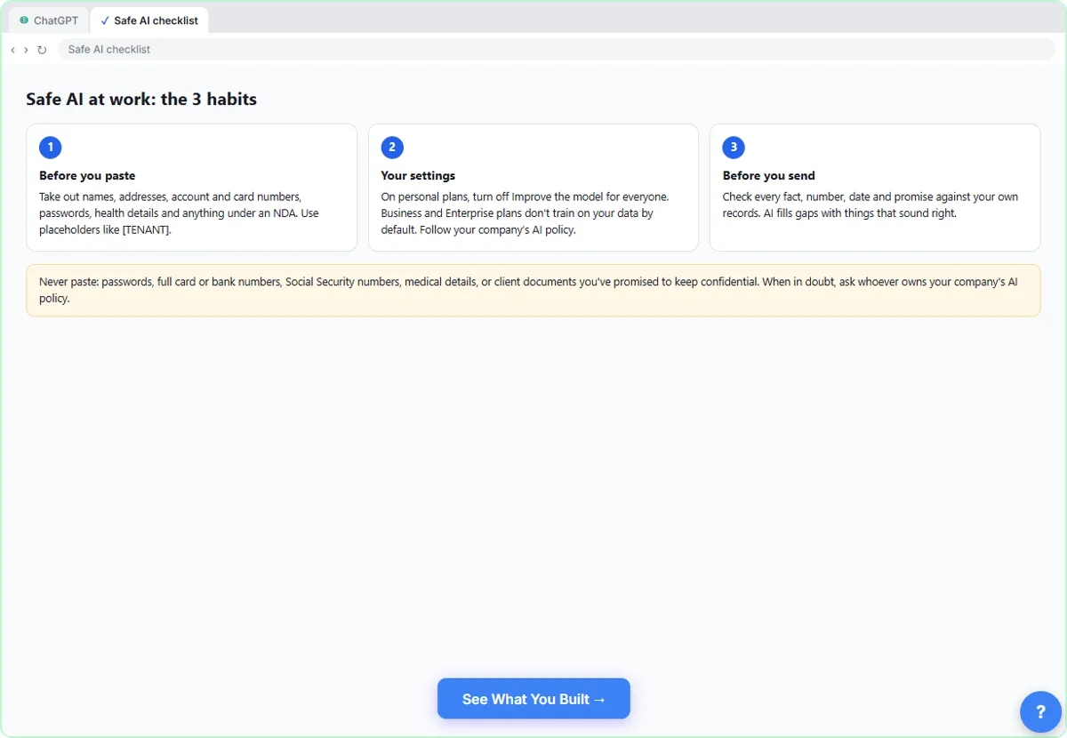 Safe AI at work checklist with three habits: before you paste, your settings, and before you send