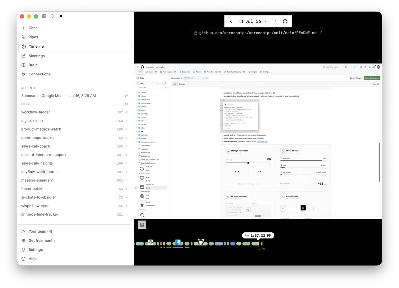 Screenpipe's Timeline: the sidebar on the left, a date picker and the captured page's URL at the top, the recorded screen in the middle and a strip of colored app blocks with a time marker at the bottom (screenshot from Screenpipe's GitHub README)