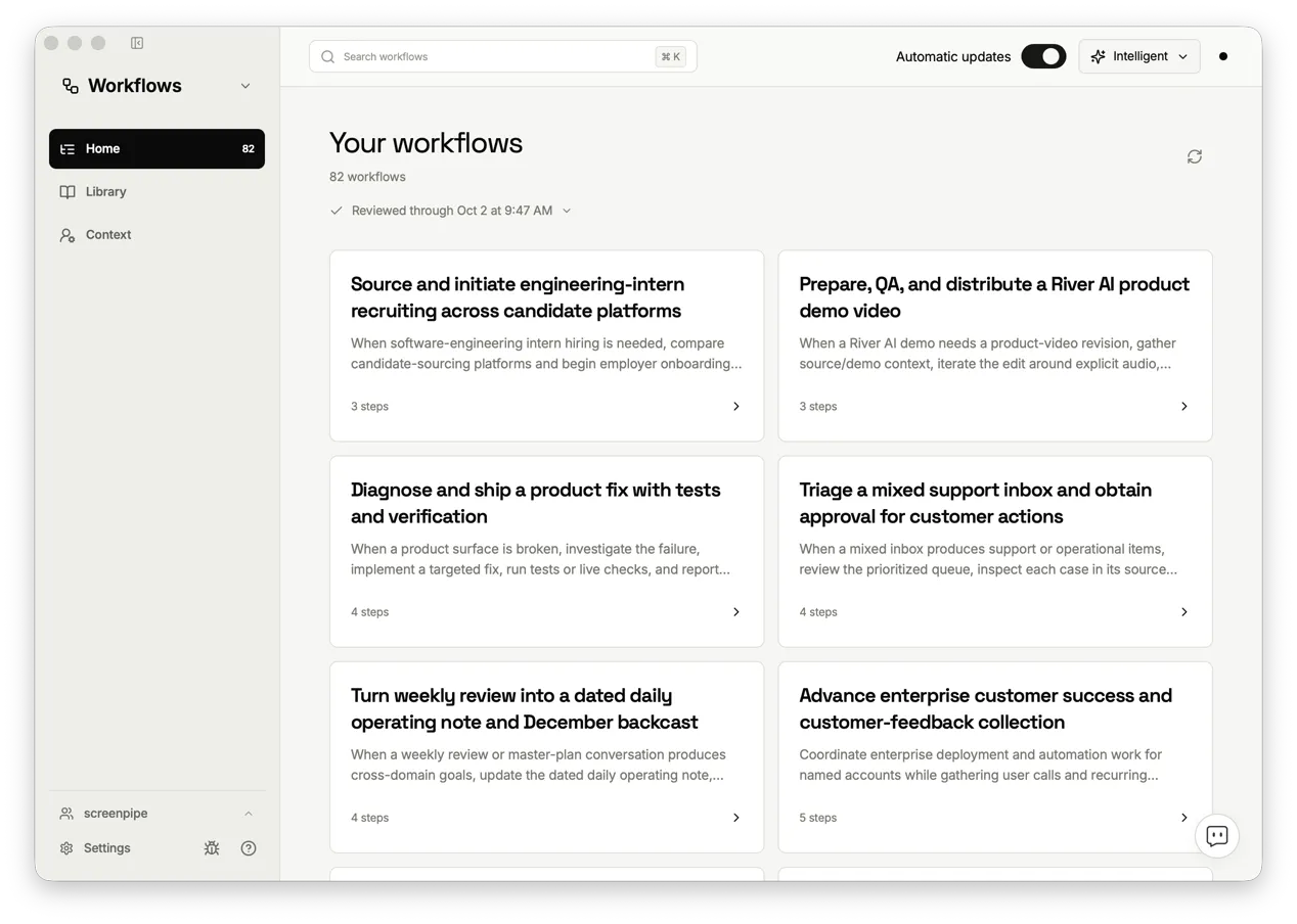Screenpipe's Workflows app (beta): a Your workflows page listing recurring workflows it found, each with a short description and its number of steps (screenshot from Screenpipe's GitHub README)