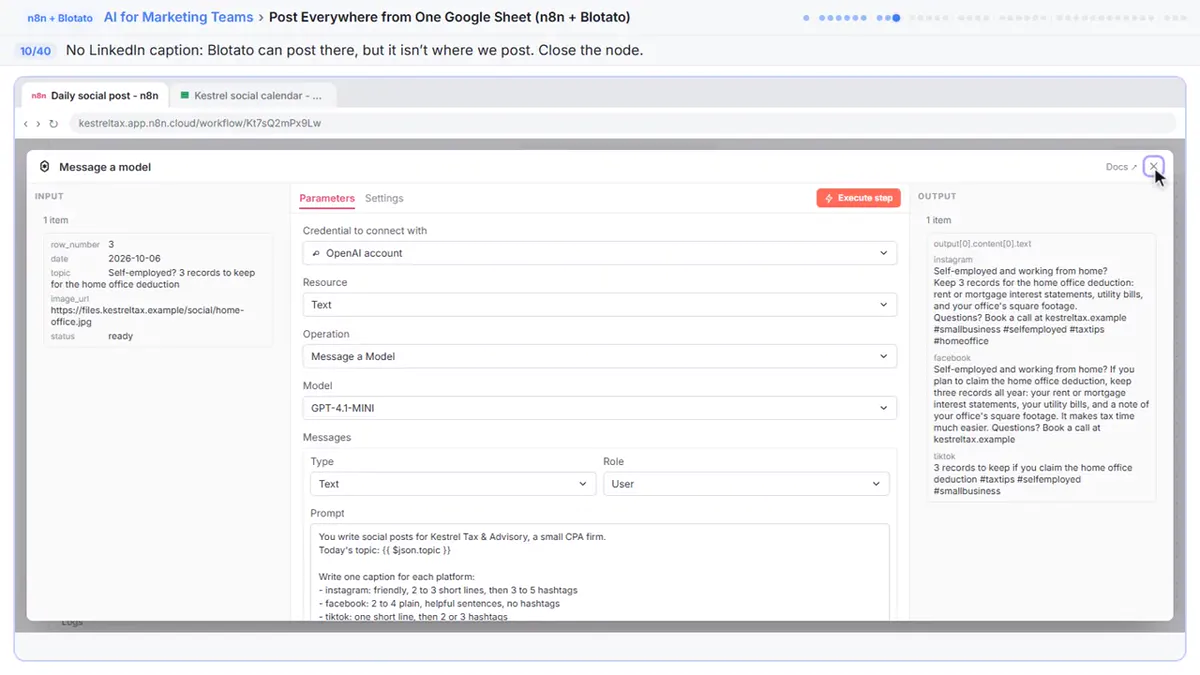 The Message a model node's output: separate Instagram, Facebook and TikTok captions written from the sheet row's topic