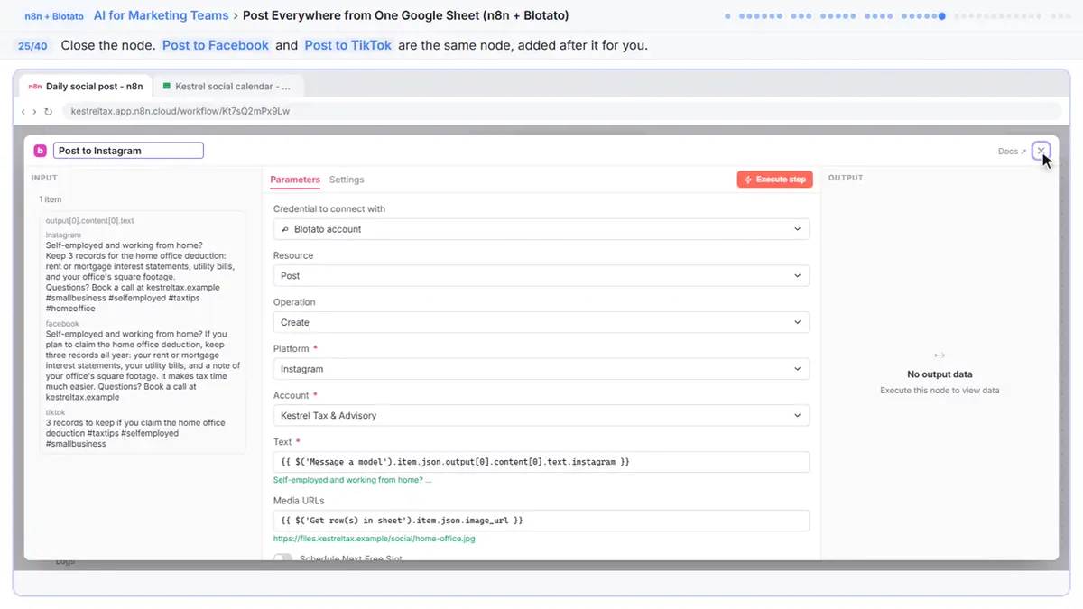 The Blotato Create post node renamed Post to Instagram, with the firm's account, the Instagram caption expression and the image link from the sheet