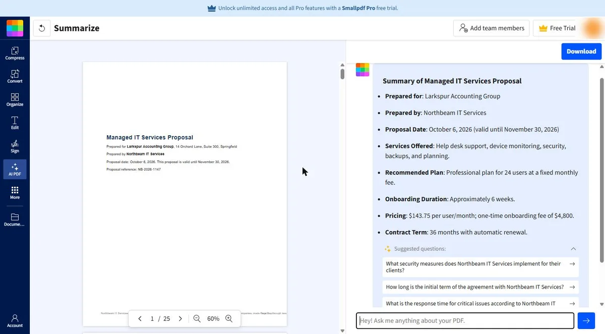 Smallpdf AI summary of a 25-page managed IT proposal: per-user price, $4,800 onboarding fee and a 36-month term with automatic renewal, next to the PDF