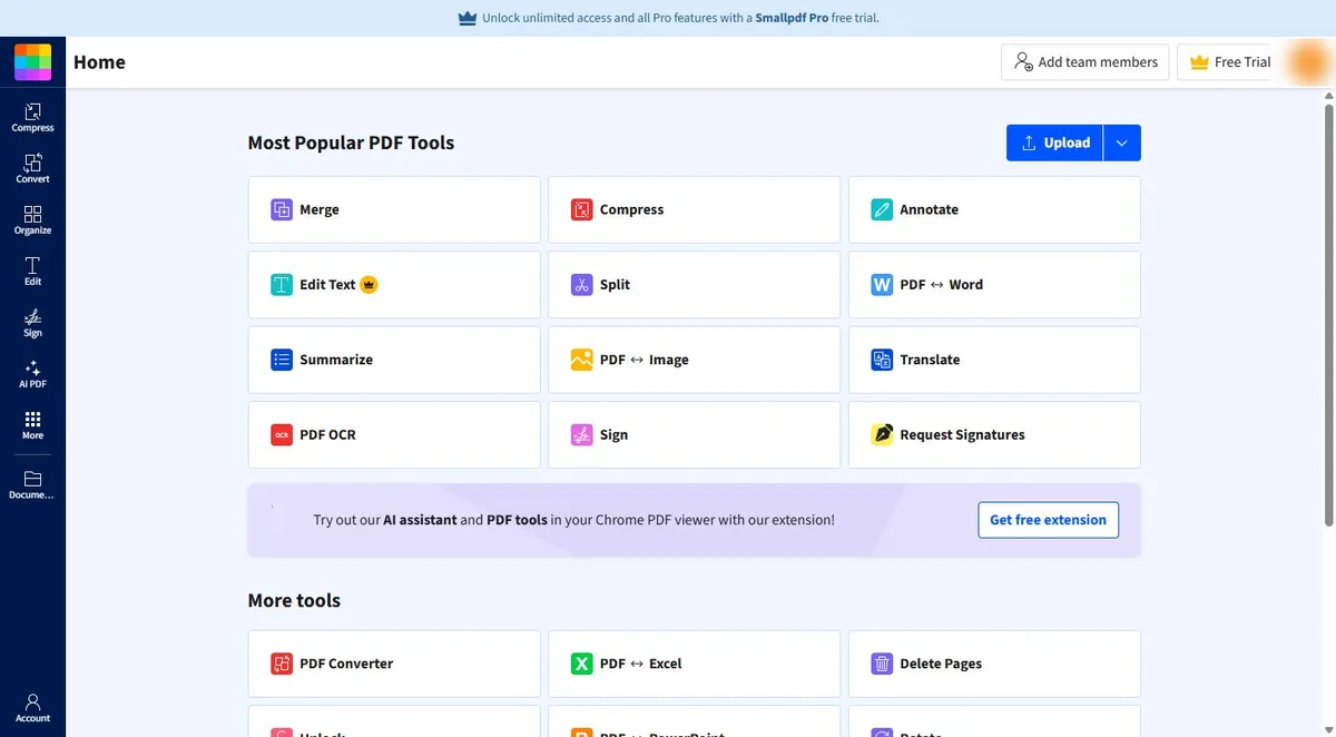 Smallpdf home page in a free account, with Most Popular PDF Tools and the left bar showing Compress, Convert, Organize, Edit, Sign, AI PDF and More
