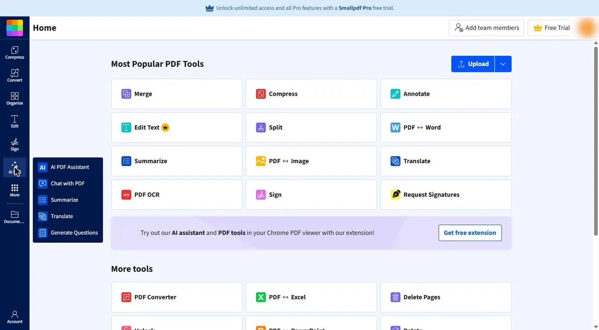 Smallpdf AI PDF menu open: AI PDF Assistant, Chat with PDF, Summarize, Translate and Generate Questions
