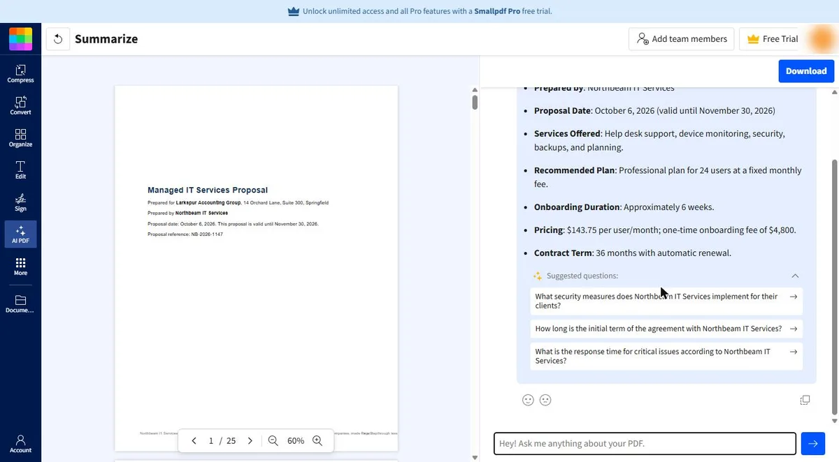 Smallpdf summary with Suggested questions and the Ask me anything about your PDF box