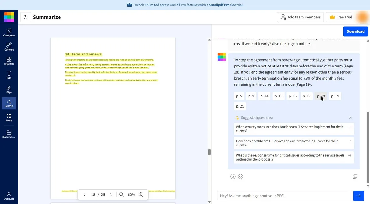 Smallpdf jumps the PDF to page 18, Term and renewal, and highlights the text the answer used
