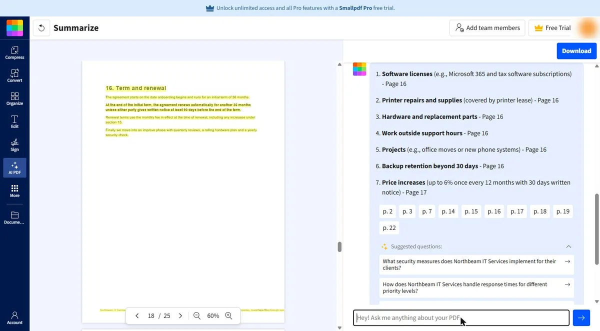Smallpdf chat lists seven costs outside the monthly fee, from software licenses to price increases of up to 6% a year, each with a page