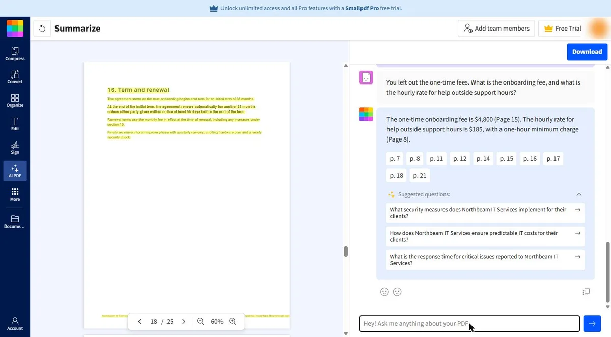 Smallpdf chat answers a follow-up: $4,800 onboarding fee (page 15) and $185 an hour for after-hours help (page 8), with the Download button at the top