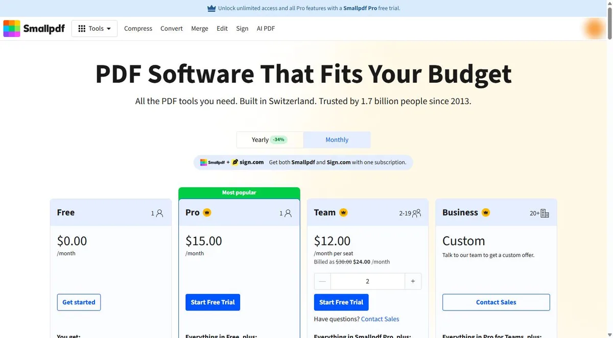 Smallpdf pricing page in October 2026: Free $0, Pro $15 a month, Team $12 a month per seat and Business custom, monthly billing selected