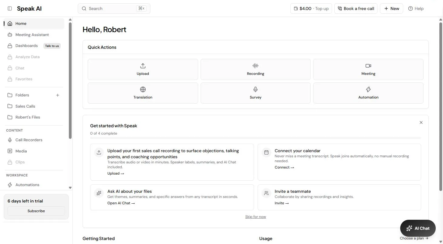 Speak AI home page with Quick Actions: Upload, Recording, Meeting, Translation, Survey and Automation
