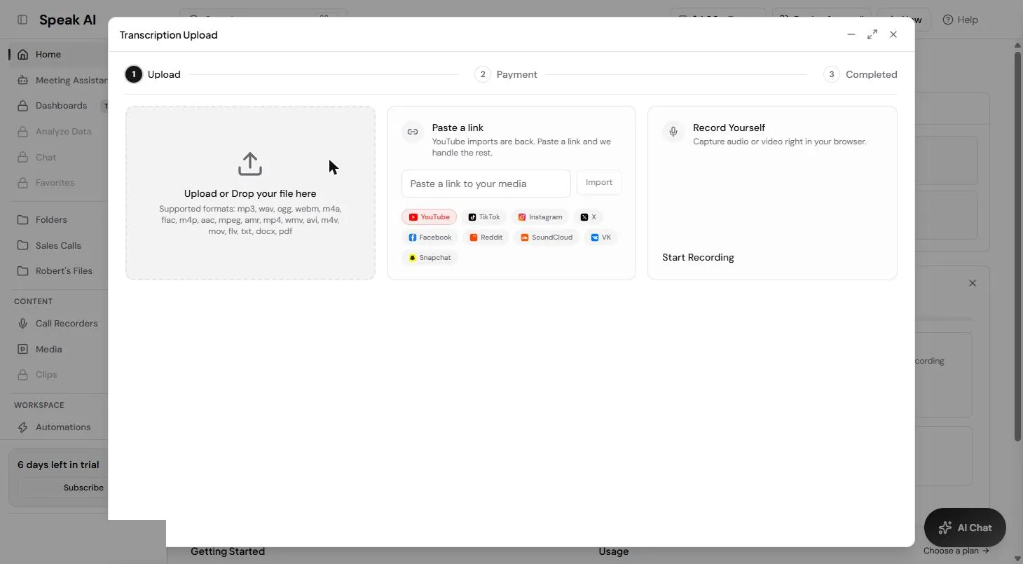 Speak AI Transcription Upload window with a file drop box, Paste a link and Record Yourself