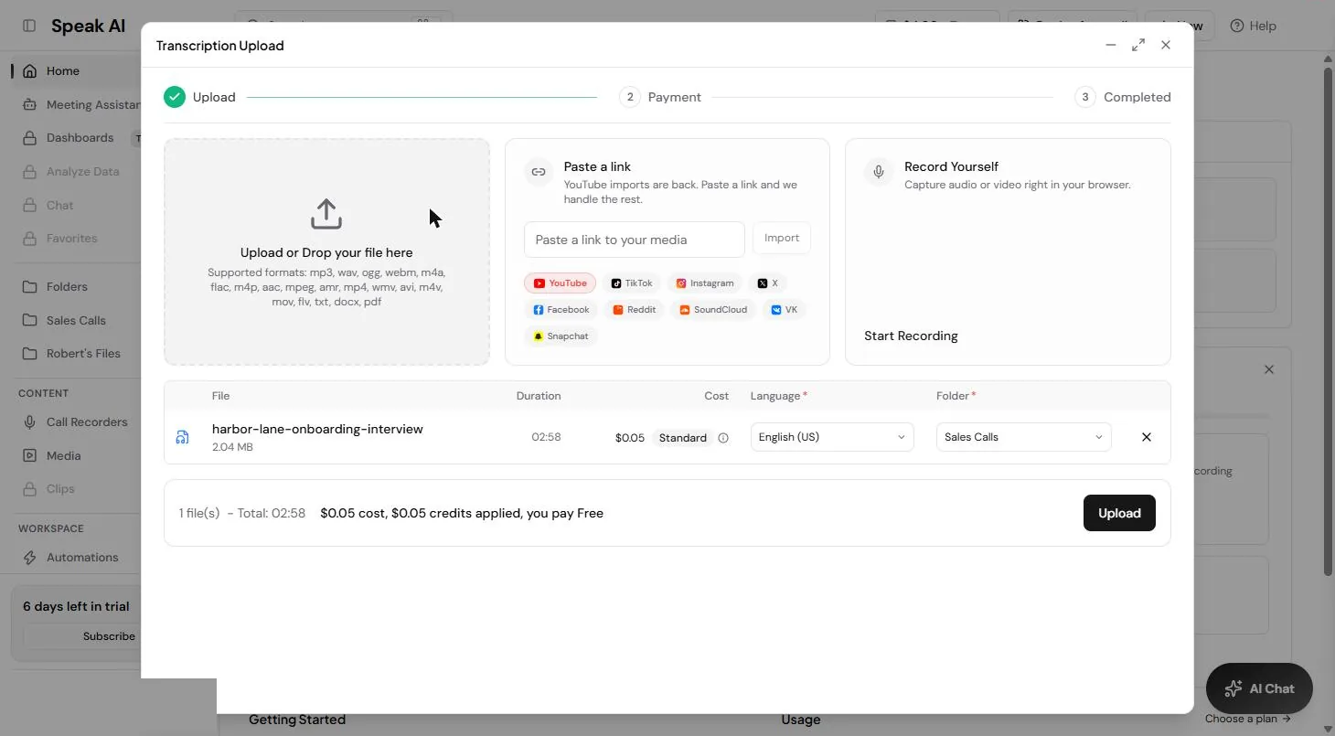 Speak AI upload row for a 2:58 interview showing a $0.05 Standard cost, English (US) and the Sales Calls folder