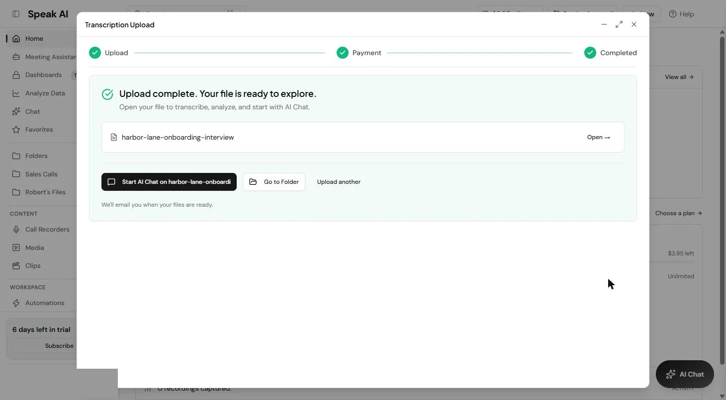 Speak AI Upload complete message with Open, Start AI Chat and Go to Folder