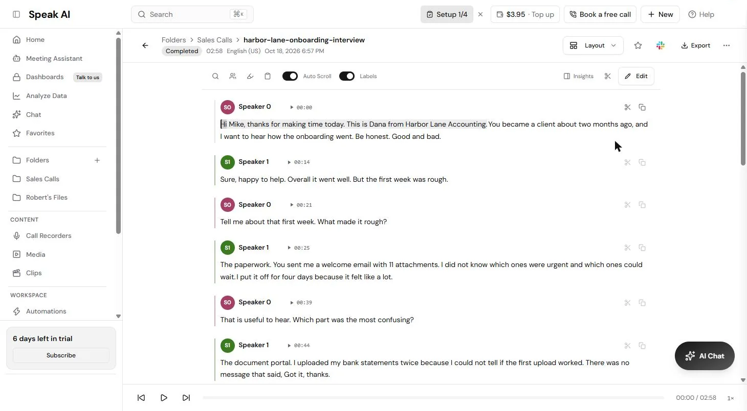 Speak AI transcript of a customer interview split into Speaker 0 and Speaker 1 with times